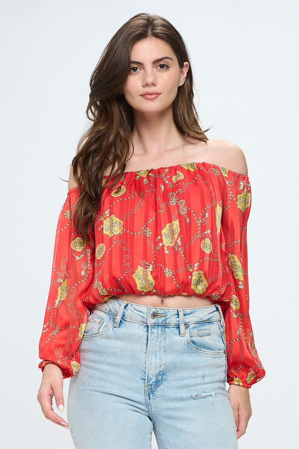 Off-Shoulder Printed Crop Top with Long Sleeves