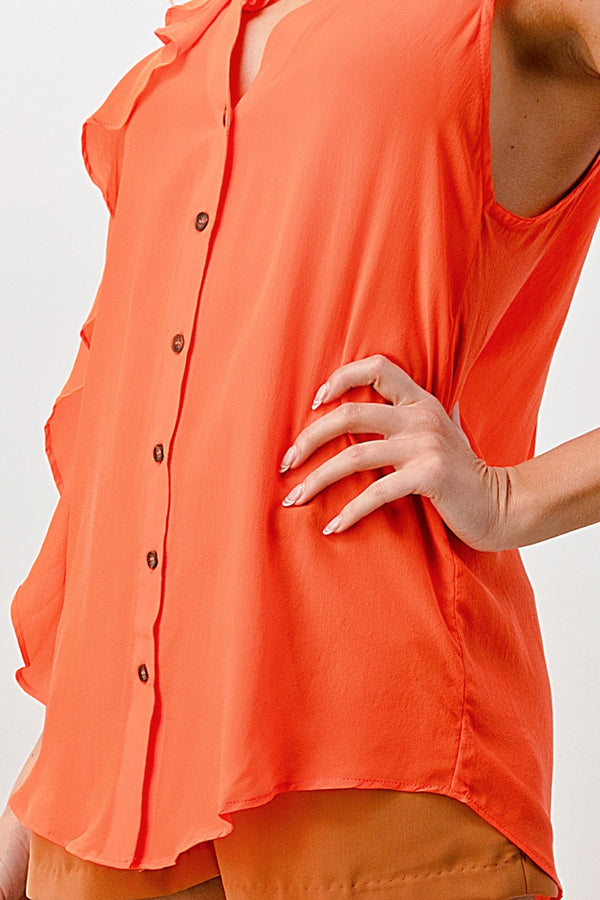 Sleeveless Button-Up Ruffle Blouse